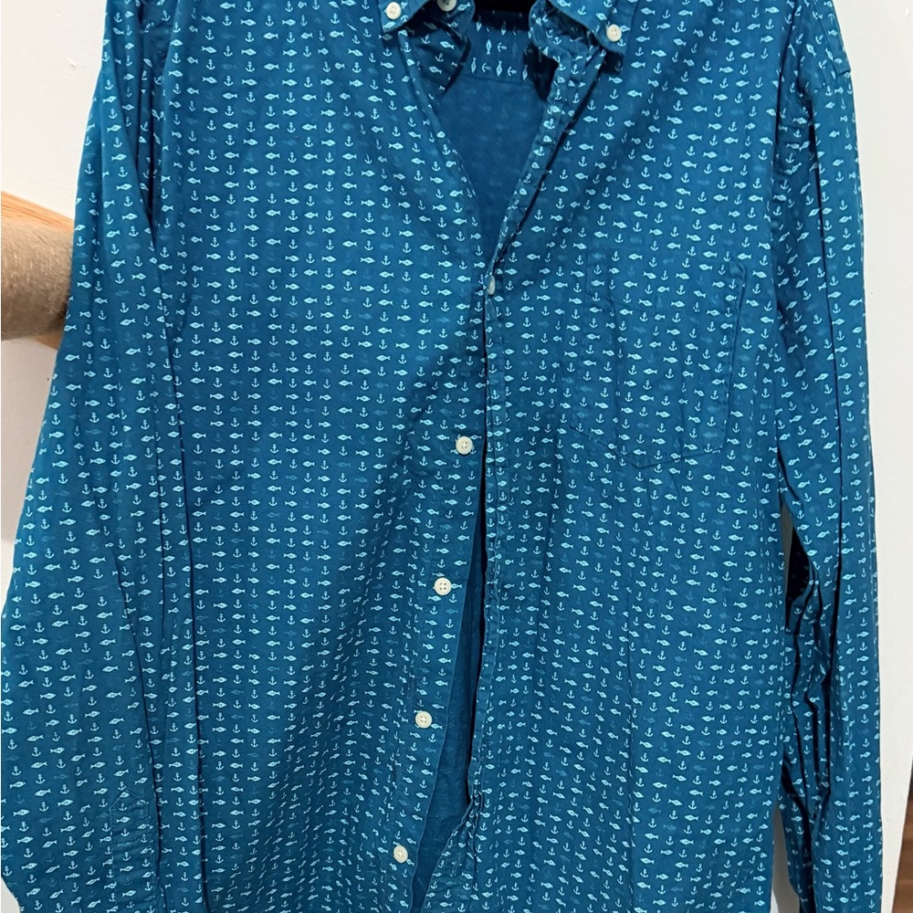 Aeropostale Teal All Over Nautical Print Long Sleeve Shirt